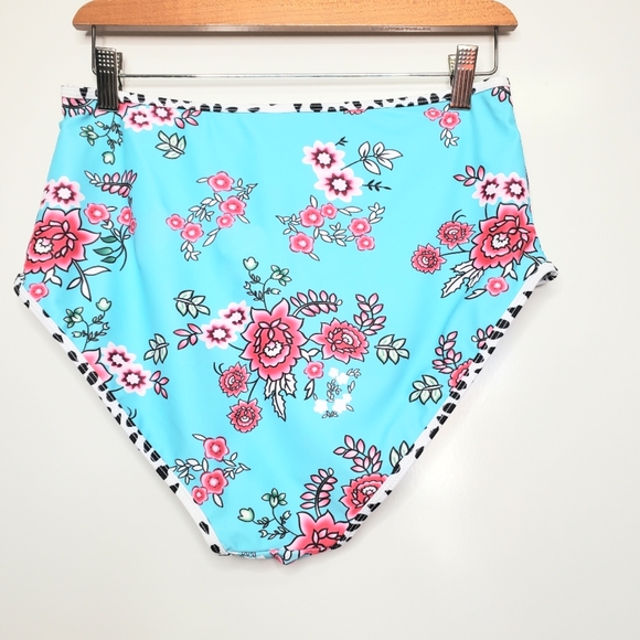 NEW AQUA Blue Floral Purple Contrast Spotted High Rise Bikini Swim Bottom Large - Picture 4 of 8